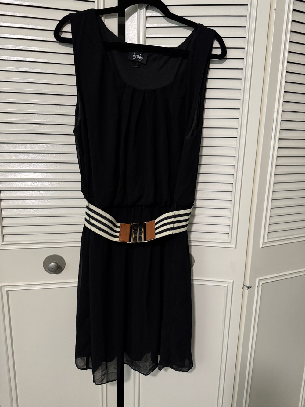 by & by Black Sleeveless Mini Dress with Striped Elastic Belt